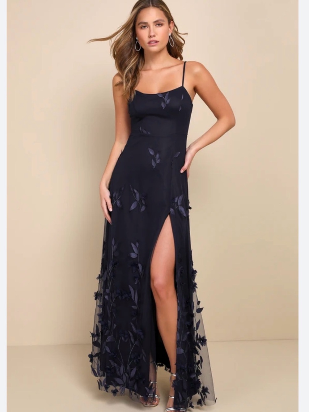 Lulu's Navy Blue Floral Appliqué Midi Dress